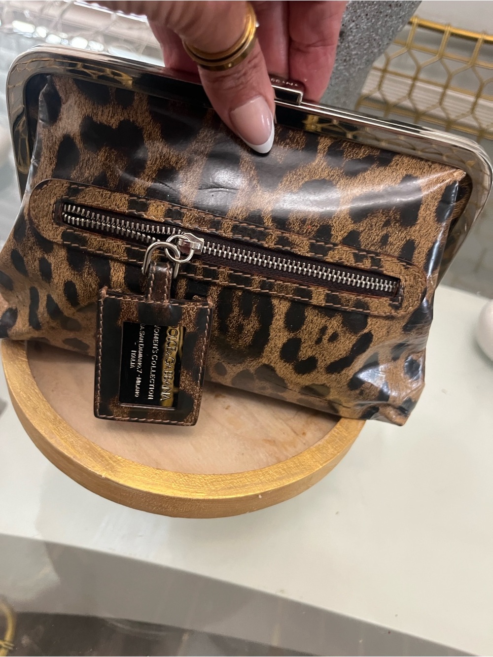 Dolce & Gabbana Leopard Print Patent Clutch in Brown and Black